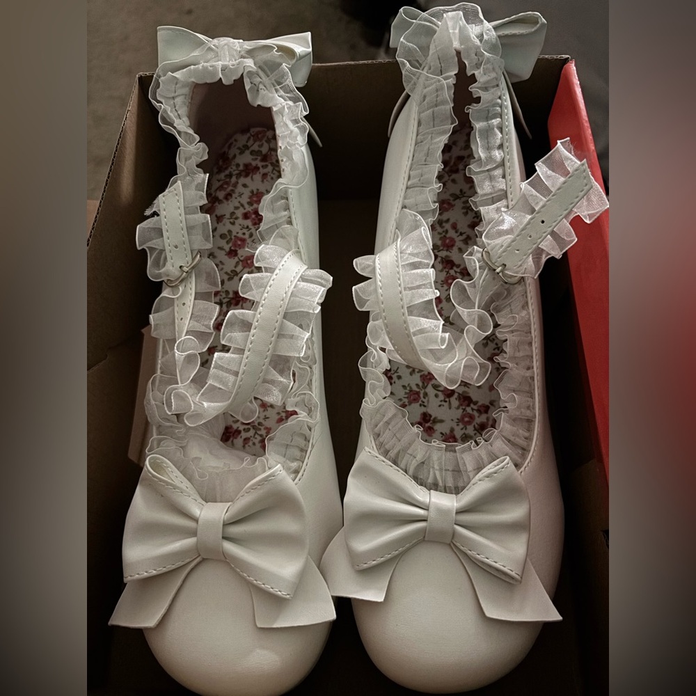 White Ruffle Bow Mary Jane Flats for Women
